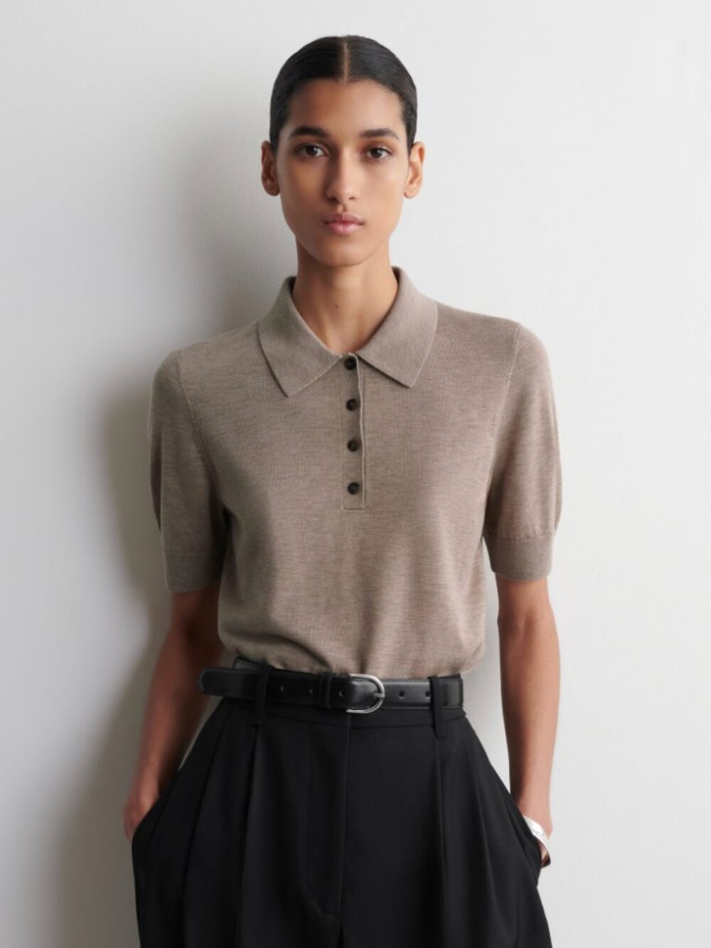 COS SHRUNKEN WOOL-BLEND POLO SHIRT BEIGE MÉLANGE M